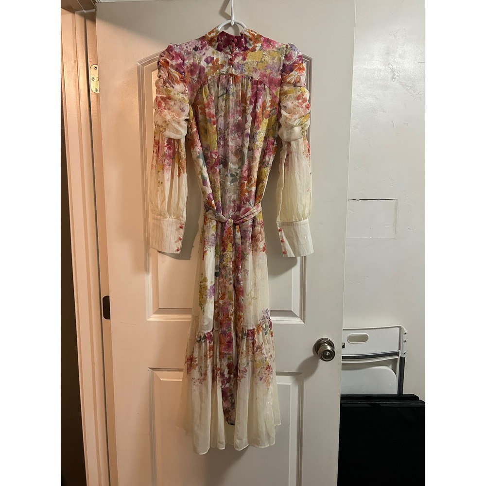 Miss Rosier Floral Mock Neck Maxi Dress Long Sleeve Ruched Tiered Multicolor